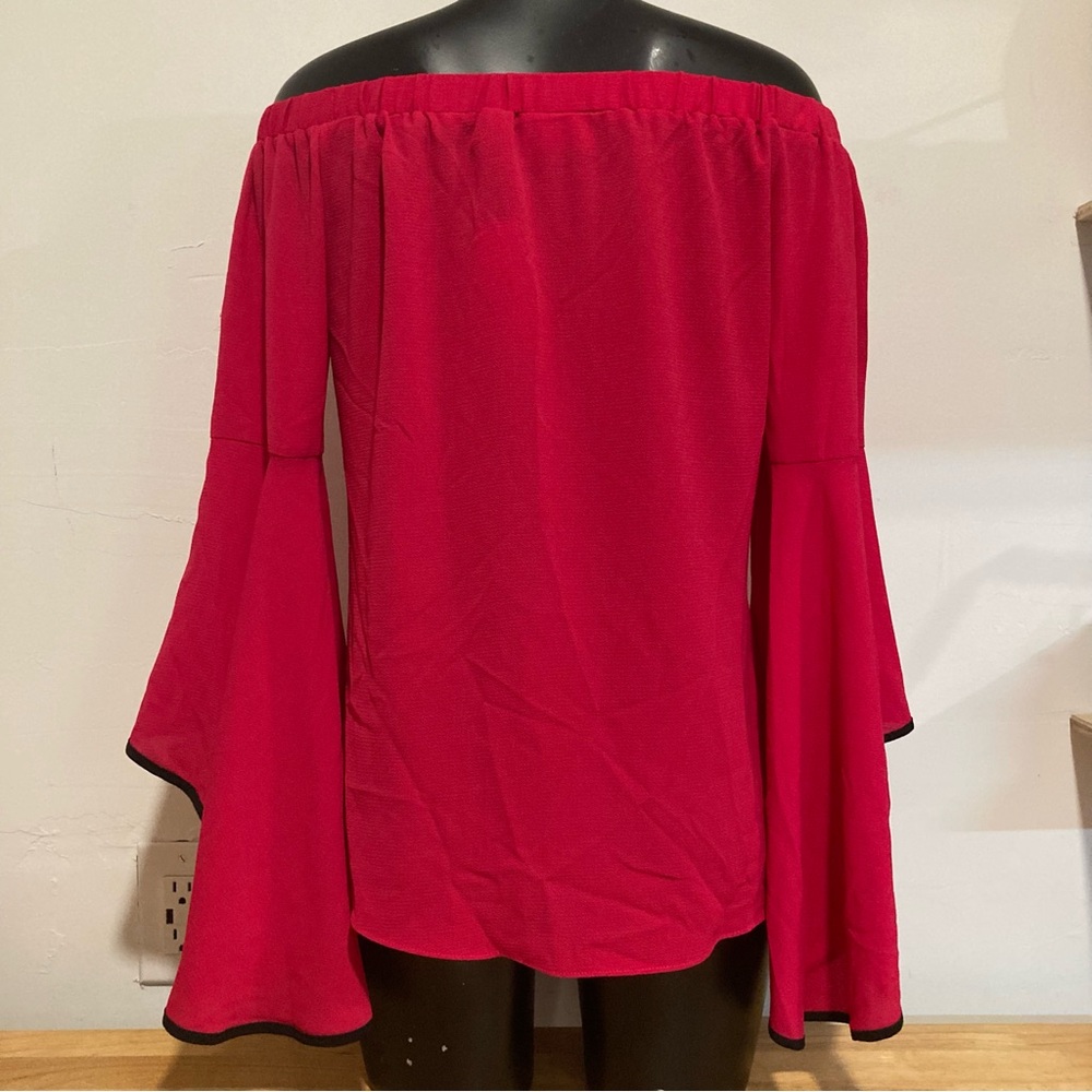 New York & Company Magenta Off-the-Shoulder Ruffled Blouse with Black Trim Small - Picture 5 of 14